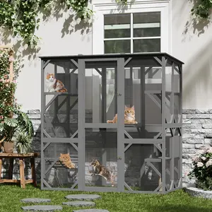 Large Outdoor Wooden Cat Enclosure Catio Walk-In with Window Access, Waterproof Asphalt Roof, Bridge, Scratching Post, Hammock, 4 Platforms, 2 Rest Boxes Weather-Resistant Cat Cage House for Multiple Cats, Patio & Backyard