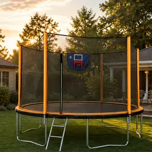 ARCH 14FT High-Bounce Outdoor Trampoline with Basketball Hoop, Inflator & Ladder - Orange Steel Frame, W-Shape Legs, PE UV-Resistant Cover, Safety Enclosure Net, Jumping Mat for Kids Backyard Fun, Family Exercise, High-Bounce Outdoor Trampolines