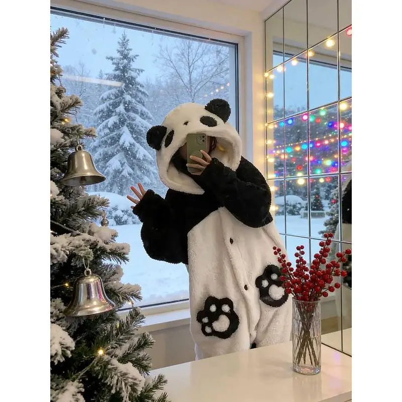 Women’s Ultra Soft Plush Panda Hooded Fleece Robe with 3D Ears & Paw Pockets Cozy Button-Down Long Pajama Coat for Home Gifts Festive Nightwear Women’s Ultra Soft Plush Panda Hooded Fleece Robe with 3D Ears & Paw Pockets Cozy Button-Down Long Pajama Coat for Home Gifts Festive Nightwear