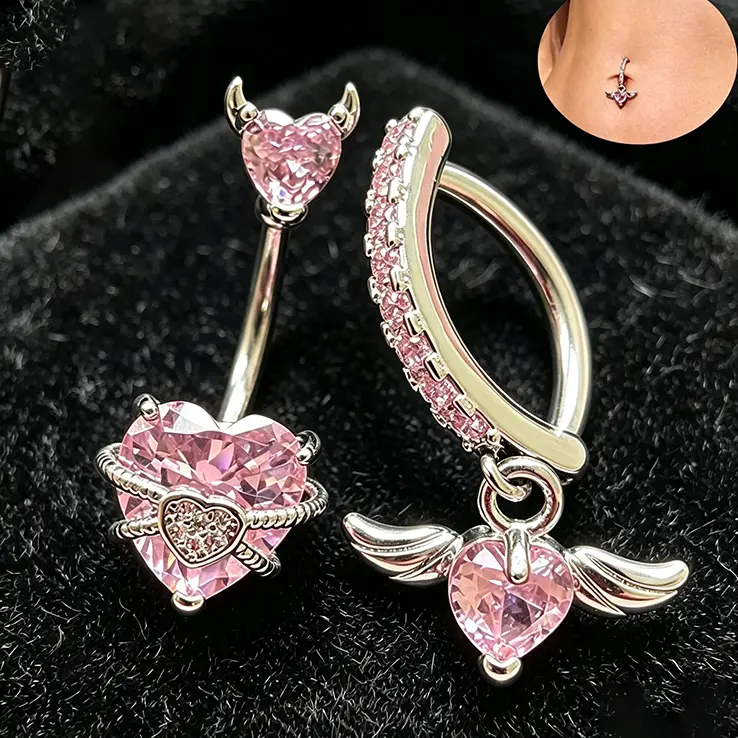 Belly Button Rings with Pink Crystal Devil Heart Angel Wing Design,14G Floating Navel Belly Piercing Kit Belly Piercing Jewelry Perfect Gifts or Women