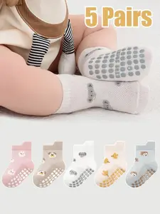 5 Pairs Children Socks Baby Walking Socks Thin Mesh Breathable Non-Slip Floor Socks Cartoon Pattern Animal Print Boys Short Socks