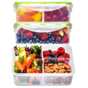 Bento Lunch Box Meal Prep Containers, 39 OZ - 3 Removable Compartments - PACK OF 3 Stylish Plastic Food Storage Containers with Airtight Lids for Kids and Adults, Reusable Tableware Food Prep