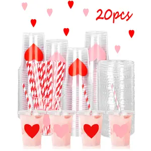 20pcs Valentine's Day Clear Plastic Cups with Lids and Striped Straws, Red & Pink Heart Design Disposable Party Cups for Valentine’s Day, Romantic Parties, Bridal Showers, Anniversary Celebrations,New Year Party.