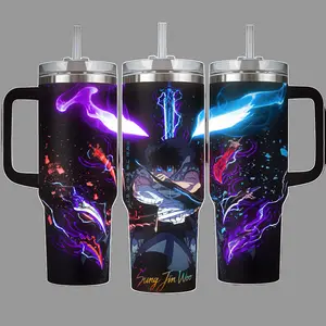 Sung Jin-Woo Shadow Monarch Dual Daggers Solo Leveling Stainless Steel Insulated Tumbler With Handle & Straw Lid 20oz 40oz Full Wrap Dark Aura Anime Hot Cold Drink Cup