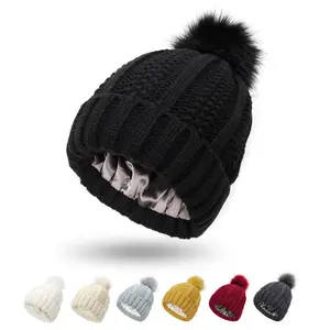 Women's Satin Lined Faux Fur Pom Pom Beanie Hat - Warm Knit Winter Hat With Breathable Design - Acrylic Fiber