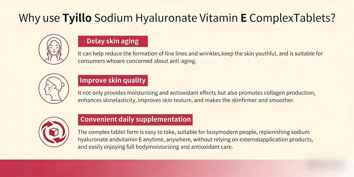 Tyillo Sodium Hyaluronate Vitamin E Complex Dietary Supplement Tablets – 40.06mg Sodium Hyaluronate, 27.01mg Vitamin C & 20mg Milk Thistle Extract| Natural Skin Care, Antioxidant, Skin Moisturizing, Hair & Eye Health & Joint Discomfort Relief