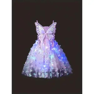 Girl'S Butterfly Spaghetti Strap Mesh Princess Dress, Luminous Butterfly Puffy Dress with Colorful Lights, Suitable For Young Children