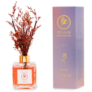 PEANÄK Reed Diffuser Set-Floral Roses Scented Oil 6.7oz (200 ml) - Real Preserved Flowers & Designer Glass Bottle- Home & Office Scent Bathroom Shelf Decor Long Lasting Scent with 6 Reed Sticks Gift