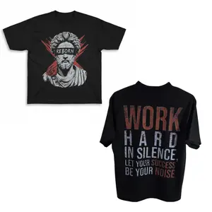 100% Cotton 7.5oz Black T-Shirt with "Reborn" Graphic and "Work Hard in Silence" Slogan