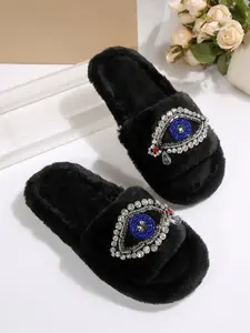 Demon Eye Rhinestone Plush Slippers, Thick Sole One-Letter Slipper, Trendy Women's Footwear, Comfortable Home Shoes, Slide