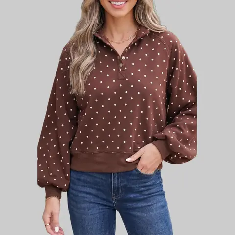Women's Plus Size Polka Dot Raglan Long-Sleeve Loose Blouse - 100% Polyester Henley V-Neck Metal Button Pullover Top, Machine-Washable Casual Daily Wear