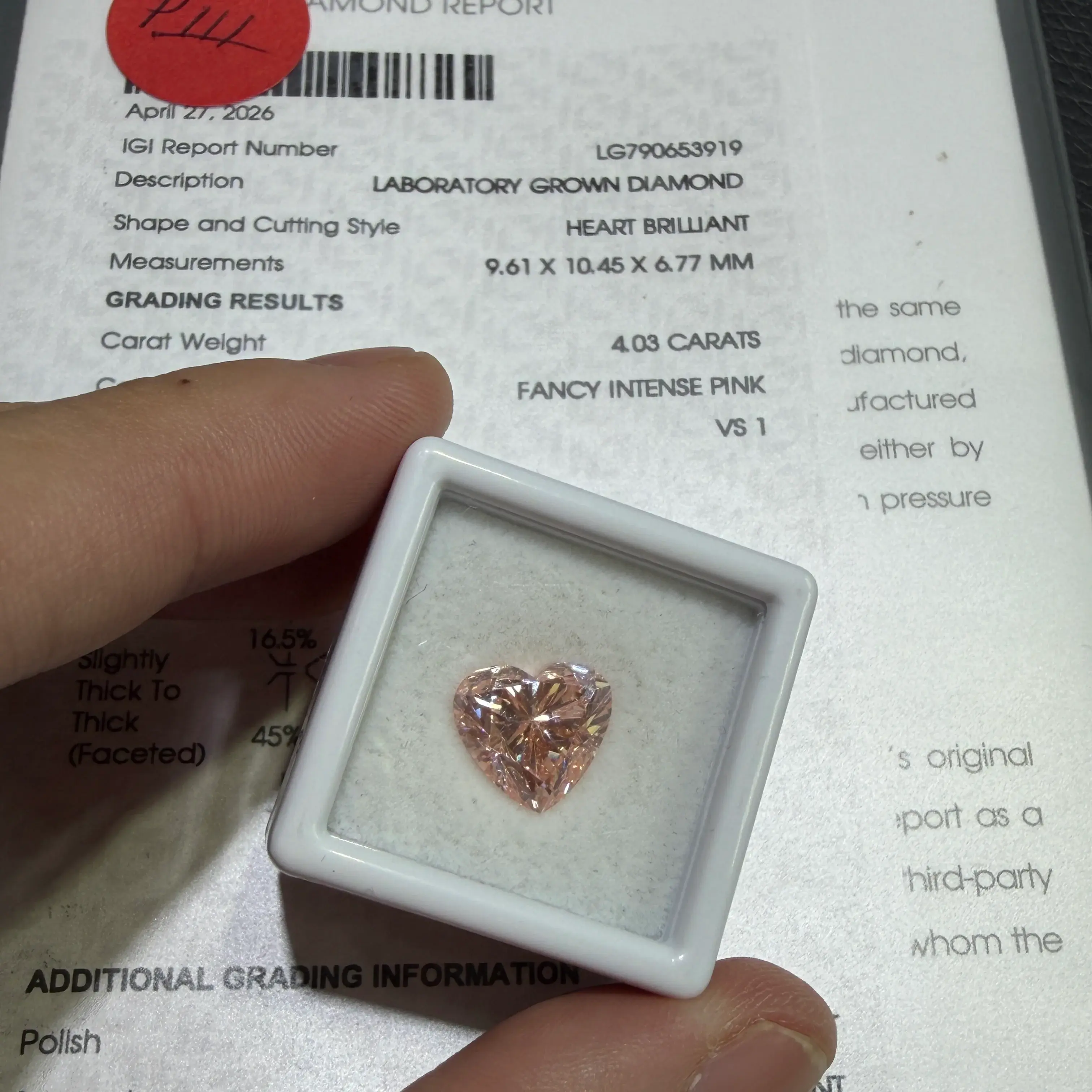4.03ct Heart Brilliant Lab Grown Diamond (Fancy Intense Pink, VS1, IGI Certified)