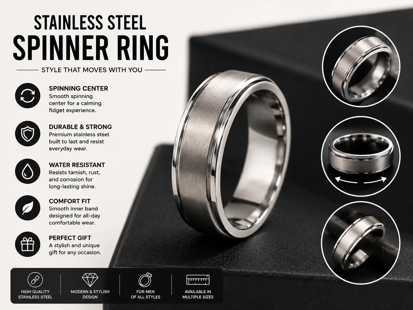 Stainless Steel Spinner Ring for Men & Women – Brushed Silver Fidget Ring, Comfort Fit Wedding Band, Anxiety Relief Ring