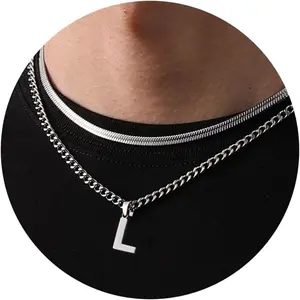 Layered Initial A-Z Pendant Necklaces for Boys Men, Stainless Steel Letter Cuban Link Herringbone Chain Fashion Jewelry Gifts