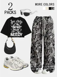 Women's Casual Loose-Fitting Set, Cute Cow Pattern Short Sleeve Top & Long Pants, Drawstring Adjustable, Perfect for Fall & Winter