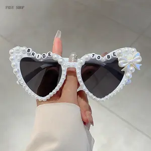 FHSY SHOP White Heart Plastic Non-Prescription Glasses - "Bride To Be" Letter, Pearls, UV400 Filter - Cute Bridal Eyewear for Bachelorette Parties, Wedding Photos