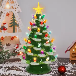 Small Ceramic Christmas Tree Hand-Painted  Tabletop Green White Christmas Tree Holiday Decoration with Multi-Color Lights Xmas Trees 12 inch