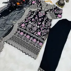 INDIAN ATTRACTIVE GEOREGETTE EMBROIDERY SEQUENCE WORK TOP BOTTOM WITH DUPATTA