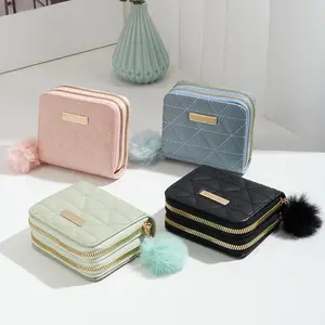 Short Quilted Double Zipper Clutch Purse With Pom Pom Charm, Compact ID And Card Holder Bag, Handheld Wallet For Women, Triangle Stitch Design, Portable Daily Essentials Organizer For Everyday Use And Casual Occasions, Minimalist Fashion Accessory