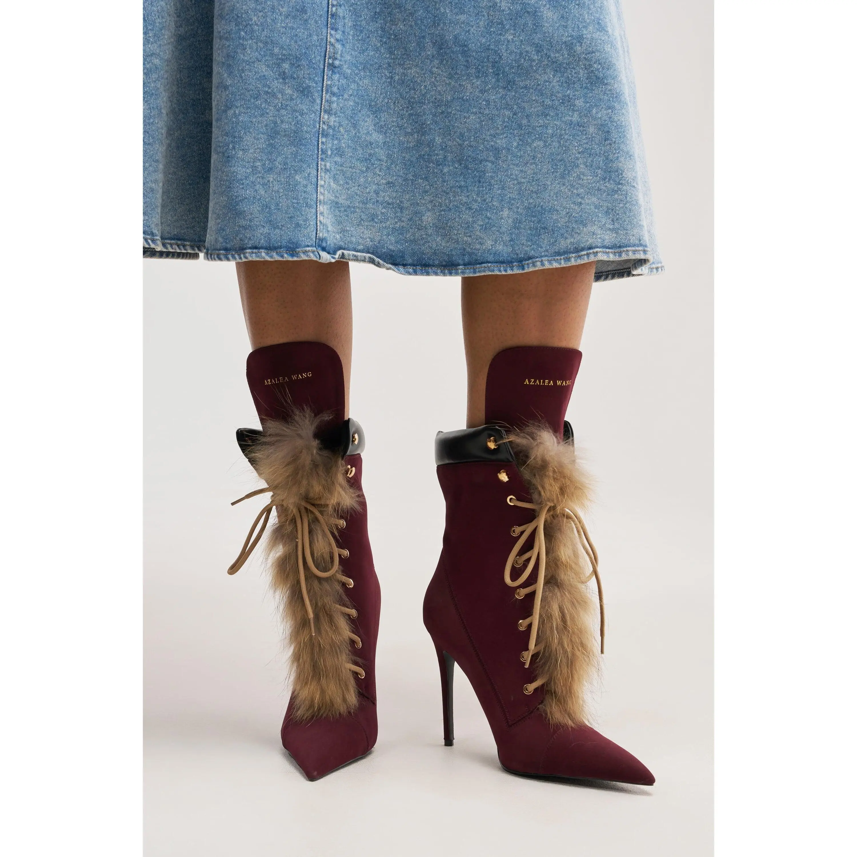 AKIRA GOLD NYMERA BURGUNDY STILETTO BOOTIE WITH FUR
