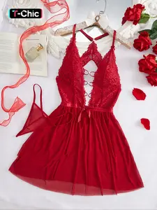 Women's Plain Floral Lace Patchwork Bow Decor O-ring Linked Nightdress, Sexy Fashion Adjustable Strap Backless Nightgown, Soft Nighty Dress for Women, Lady, Nightdress Pj