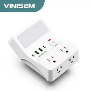 night light wall socket, 4 AC sockets with overload protection, maximum power of 1250W, 10A, 2 USB 2 Type-C, suitable for home, office, travel and computer.