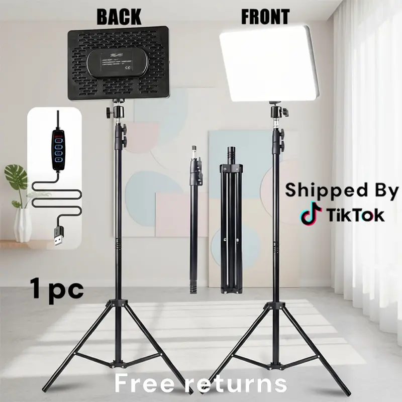 10 in LED Studio Light (1.6m-10in Square Lamp), 1pc 63in Extendable Stand with 1/4in Universal Ball Head, 3-Color Soft Fill Light for YouTube Vlogging Equipment, 5V USB Powered Photoshoot Camera Accessory  #sohochic