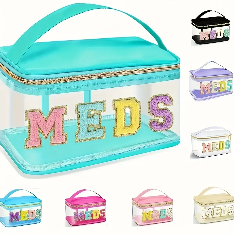 1pcs Black+7 Small Bags Stylish Chenier Letters Patch MEDS Nylon Storage Bag - Transparent Waterproof Medicine Organizer, Portable Handle-Attached Container for Patients, Travel Use