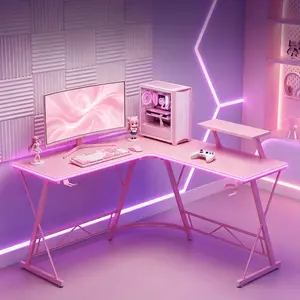 【Cute Desk!!!】Mr IRONSTONE Gaming Desk with Led Lights,Corner Computer Desk with Carbon Fiber Surface,L shaped desk, Home Office Desks Writing Workstation with Large Monitor Stand, Easy to Assemble 51 Inch