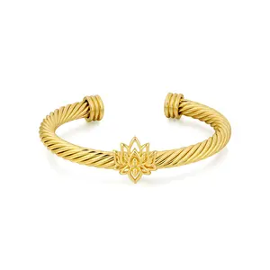 Apilery Gold-Tone Twisted Rope Cuff Bangle with Floral Accent, Elegant Jewelry for Daily Wear & Special Occasions