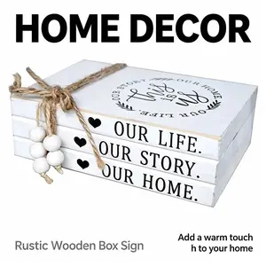 Home decor books, decorative books, rustic farmhouse style stacked display books, Our Life Our Story Our Home, perfect for indoor display