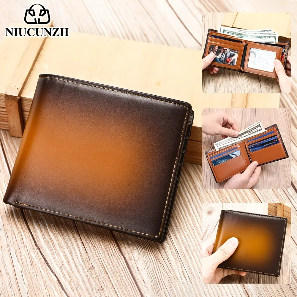 NIUCUNZH Men's Vintage Genuine Leather Trifold Wallet, Short RFID Blocking Credit Card Holder with ID Window, Ideal Gift, Business Fashion Wallet, Rfid Trifold Wallet