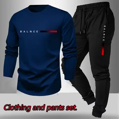 Men's Long Sleeve T-Shirt & Pants Set - Letter Print Crew Neck Tee with Long Sleeves + Drawstring Outdoor Sports Jogger Pants 2-Piece Set Athletic Tracksuit Set Sweatsuit Sets