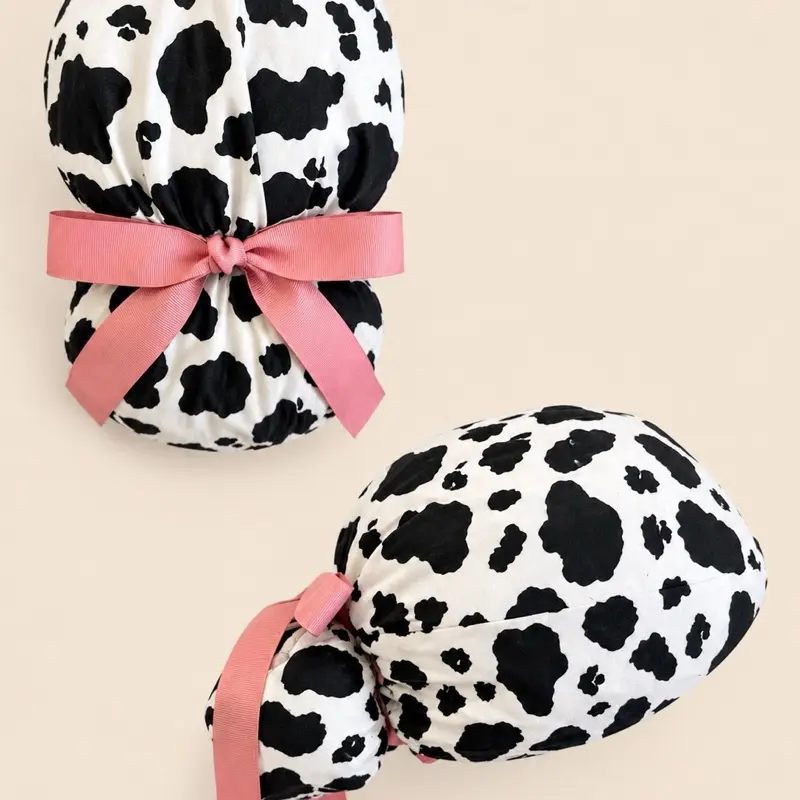 Cow Print Scrub Cap with Pink Ties – Ponytail or Euro Style – Black and White Surgical Cap – Cute Nurse Cap – Satin or Cotton Lining