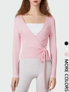 Women's V-Neck Tie-Wrap Top, Pleated Waist, Casual Sporty Long Sleeve Shirt, Fitted Style, Plain Pattern, Comfortable & Stylish