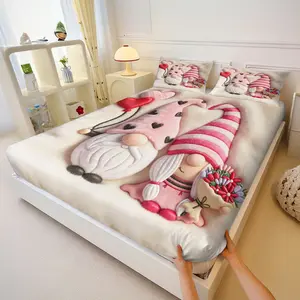 Hat Gnome Bedding Set, Valentine's Day Romantic Non-Slip Fitted Sheet 3-Piece Set, Includes 2 Coreless Pillowcases and 1 Fitted Sheet