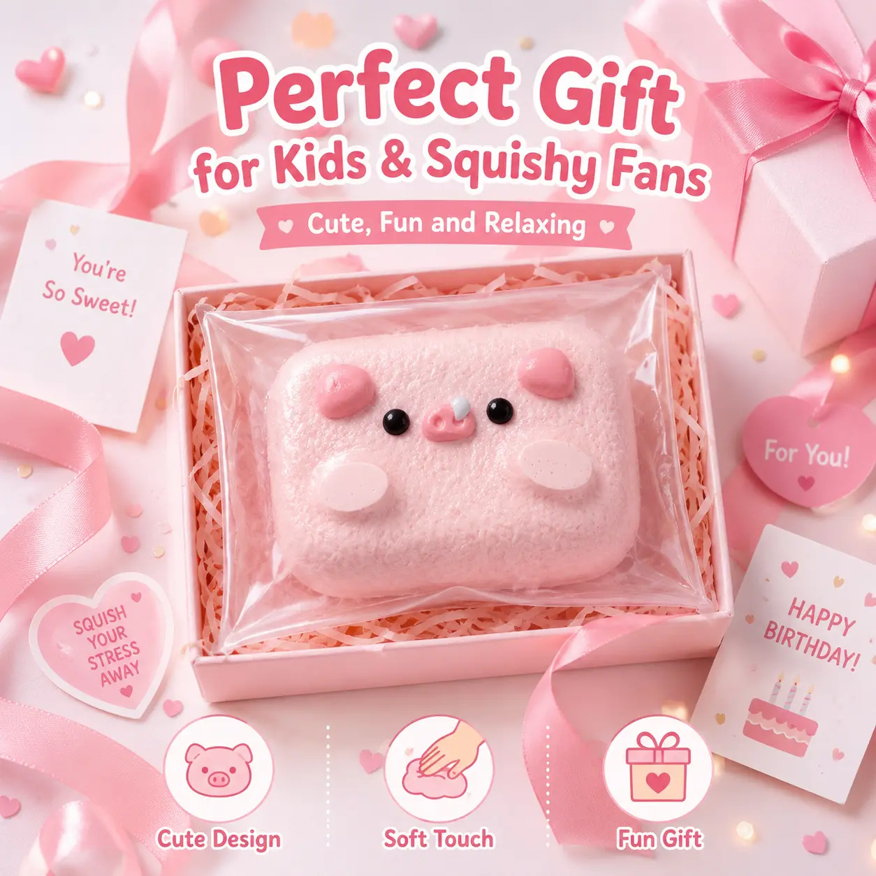 100% Non-Toxic Food-Grade Silicone Pink Pig Cube Squishy Toy, Safe Non-Toxic Slow Rising Stress Relief Squeeze Fidget Toy, Cute Animal Decompression Toy for Anxiety