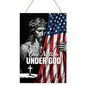 Patriotic One Nation Under God Jesus Hanging Wooden Signs,4th of July Independence Day Door Hanger Plaque Sign for Home Porch Wall Decor