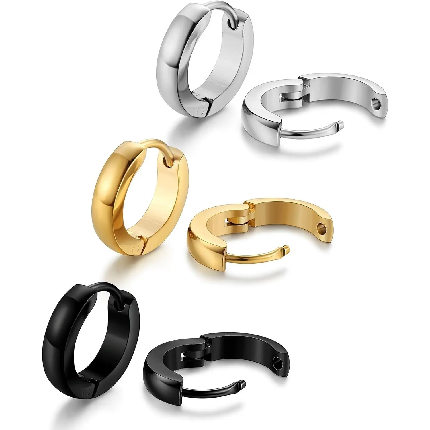 Hypoallergenic Huggie Hoop Earrings, 3-Pair Surgical Stainless Steel Set for Men & Women, Dainty Cartilage Hoops in Black, Silver & Gold, 12/16/20mm, Hoop Jewelry, Dainty Earrings