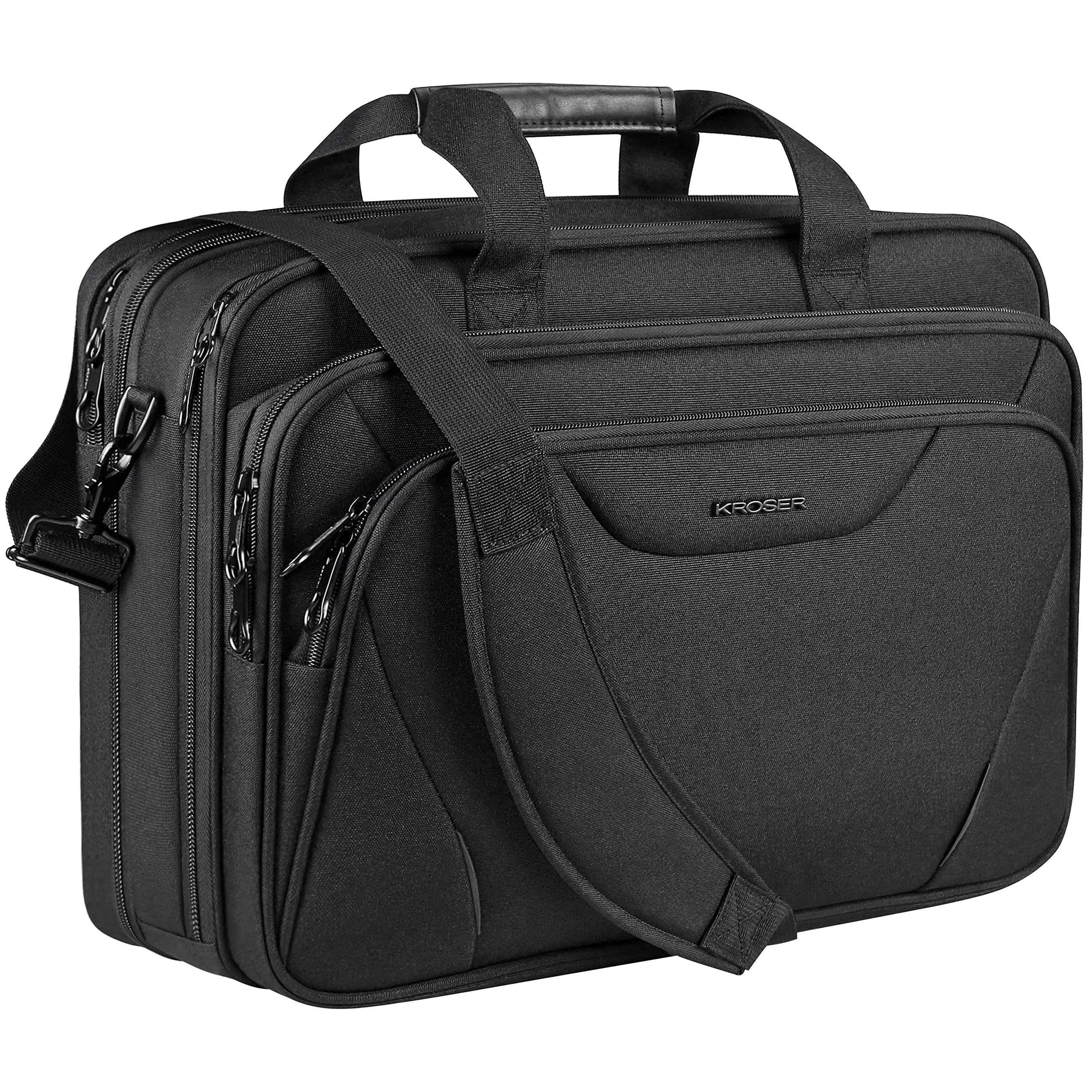 KROSER 17.3 Inch Laptop Bag - Premium Expandable Water-Repellent Briefcase for Travel & Business, Black Shoulder Messenger Bag for Men and Women