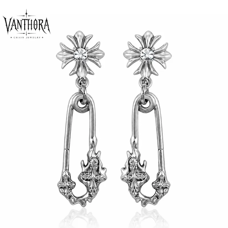[VA RA] Silver Clover Cross Safety Pin Earrings for Men Women, S925 Silver Post, CZ Zircon Dangle Earrings, Gothic Punk Y2K Hip Hop Streetwear Jewelry, Daily Party Concert Birthday Holiday Gift for Him Her