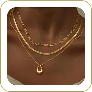 Layered Gold Necklaces for Women, Trendy 14k Gold/Silver Plated Pendant Necklace Stack Simple Herringbone Chain Choker Set Gold Jewelry Gifts