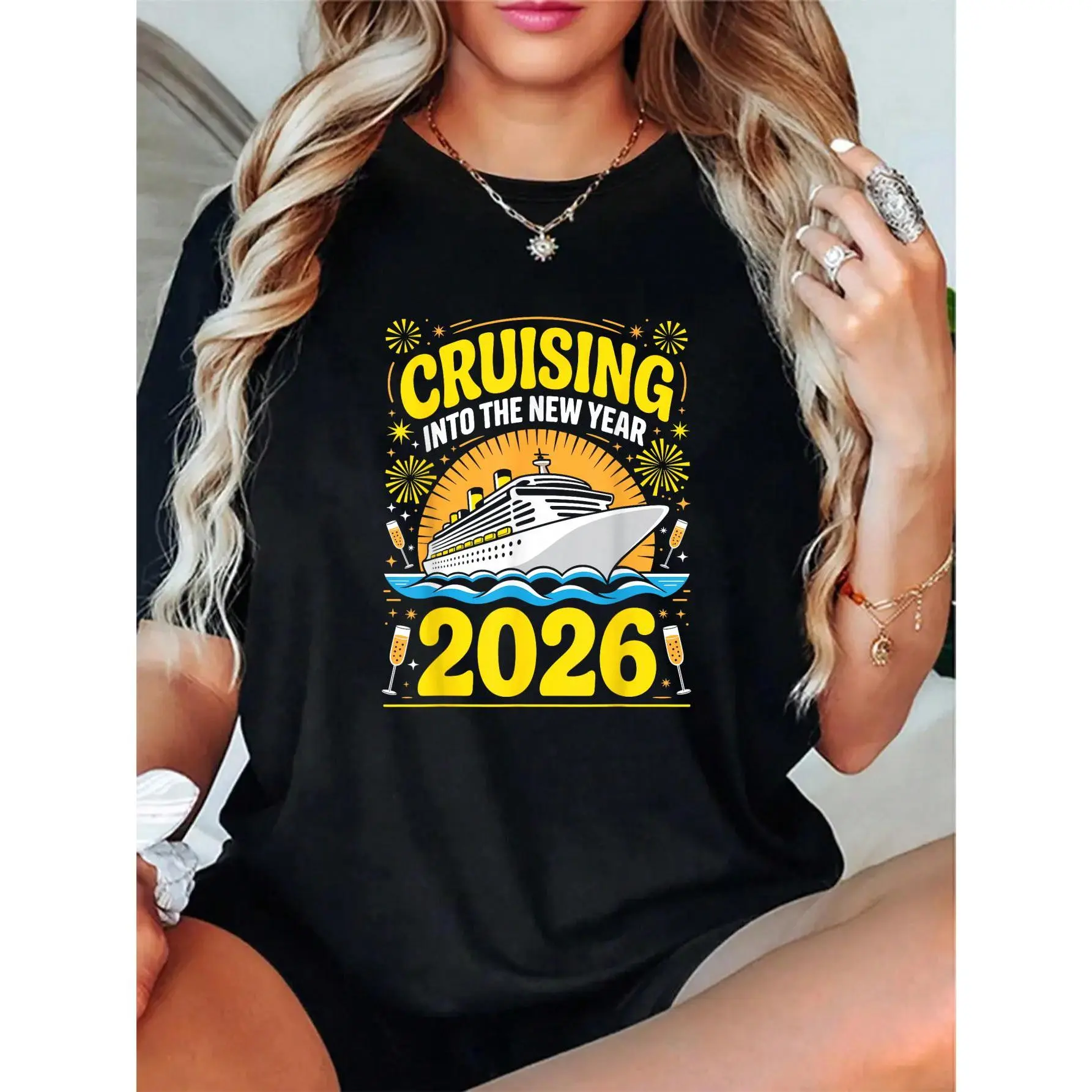 Women's 100% Cotton Short Sleeve Round Neck T-Shirt - Unisex, Loose-Fitting, Breathable, Soft Clothes, Custom "Cruising Into 2026" Vintage Graphic Vibe for Family Cruise, NYE Party, Pair with Jeans