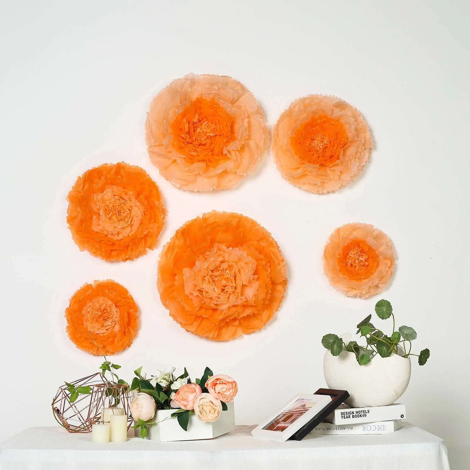6-Piece Coral Orange Giant 3D Paper Carnation Flower Wall Decor Set (12in,16in,20in) - 3-Dimensional Home Decor Ornaments, Floral Backdrop Art, Three-Dimensional
