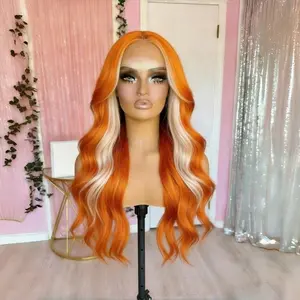 Ginger Wig with Money Pieces Long body wave lace frontal Wig Pre-plucked Hairline Heat Resistant Synthetic Glueless Wig for Women