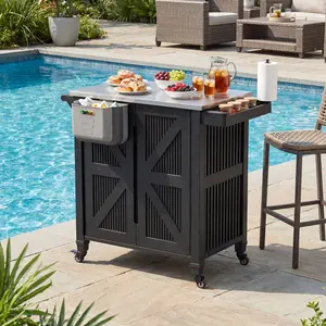 Polar Aurora Outdoor Grill Cart with Stainless Steel Top, Outdoor Kitchen Island BBQ Prep Table, 2-Tier Storage Cabinet, Rolling Utility Station with Hanging Trash Bin, Wheels, Side Shelf for Patio, Yard, Picnic