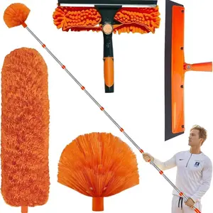 4-in-1 20 foot high-altitude cleaning kit, equipped with telescopic pole&fan dust brush&spider web dust collector&glass wiper, multifunctional tool, suitable for ceiling, spider web&window cleaning