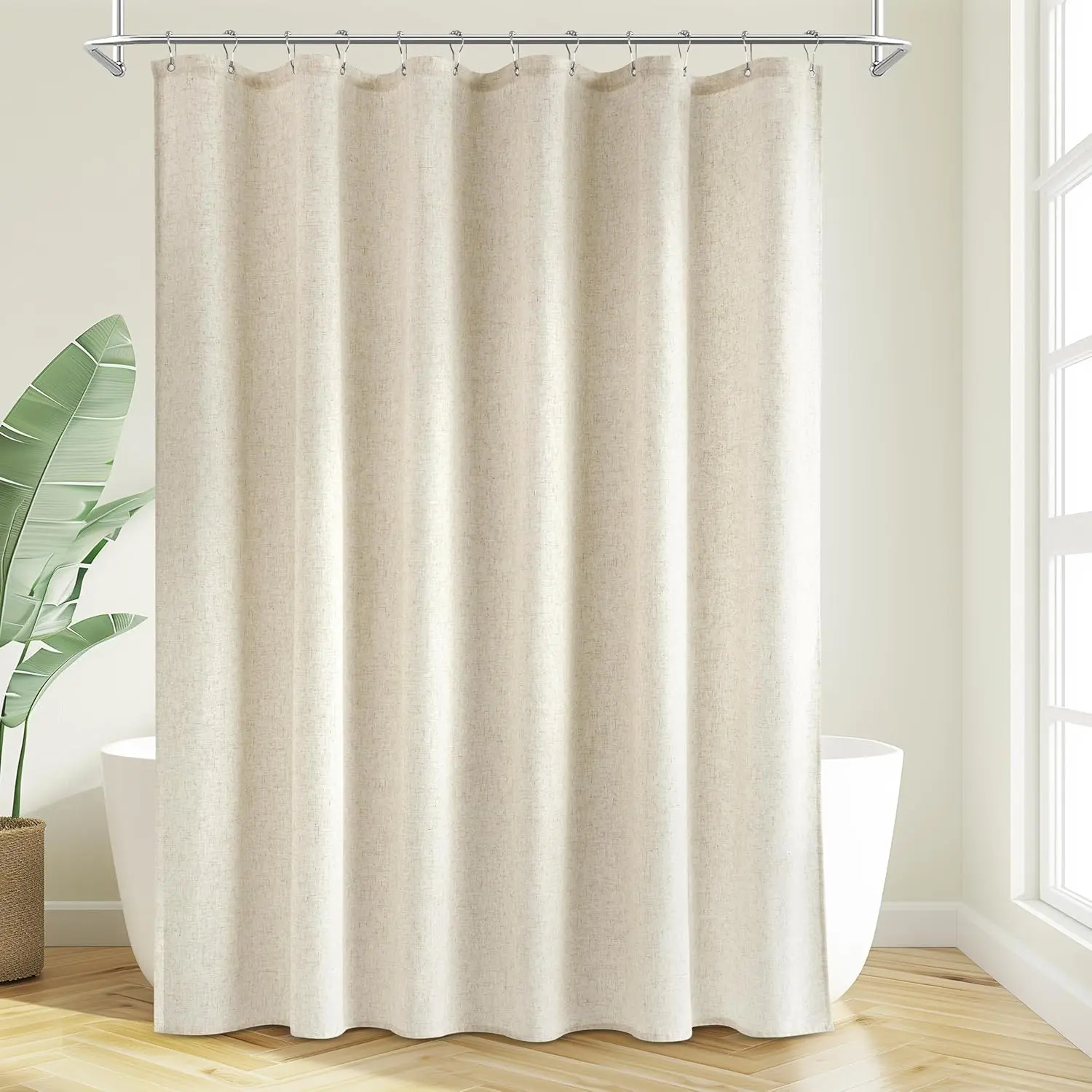 Jowels Linen Shower Curtain with 12 Metal Hooks, Straight Hook-Type Grommets Shower Curtain, Modern Boho Neutral Thick Waterproof Machine-Washable Bathroom Accessory for Home, Hotel Bathtubs, Shower Curtains