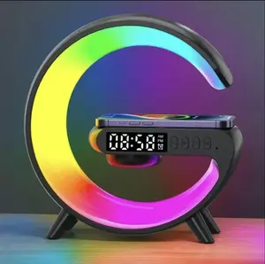 Multifunction Electronic RGB Light Bluetooth Speaker Alarm Clock, 15W Wireless Charger Stand Pad for Mobile Smartphones (iPhone, Samsung) & Cellphones, Fast Charging Station with Cable Compatibility
