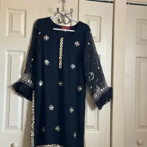 Real Mirror Work Embroidered Dress black color with Gold Sequins and Lace Sleeves